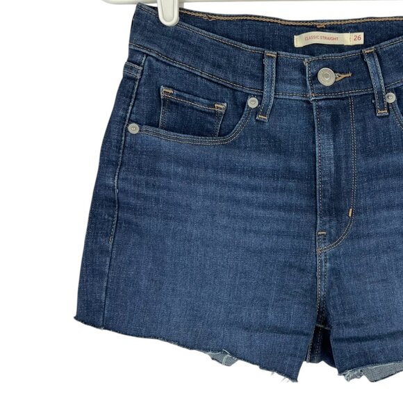 Levis Women's Classic Straight Stretch Blue Denim Shorts Size 26 Raw Hem - Picture 3 of 10